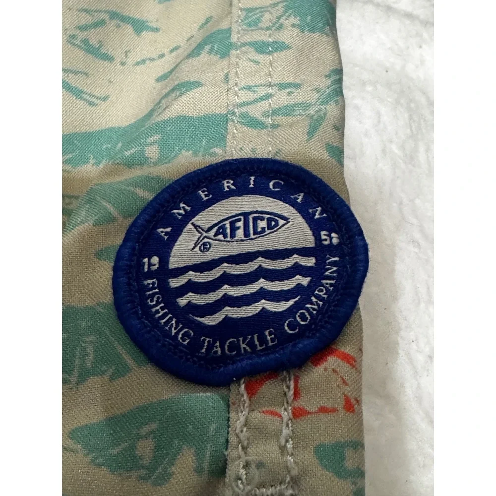 AFTCO Youth XL Board Shorts Tan Teal Fish Scale Marlin Swim Trunks Boys